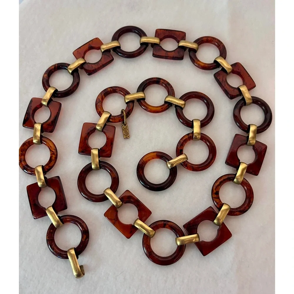 Vintage YSL Yves Saint Laurent Tortoise Resin Geometric Link Chain Belt Gold